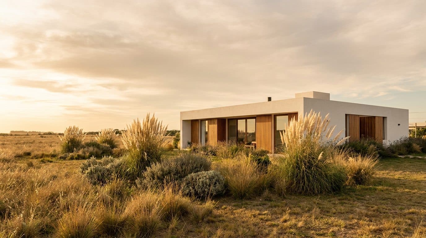 Vivienda moderna en planta baja rodeada de cortaderas y plantas nativas