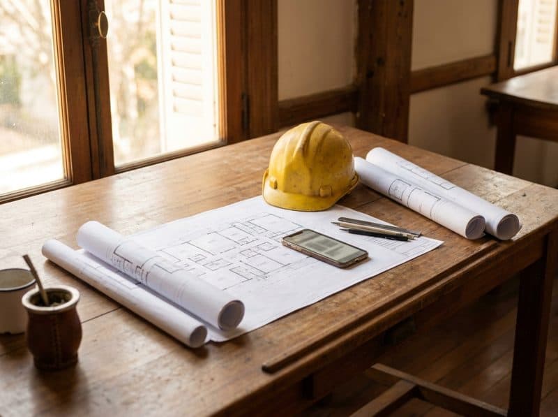 Planos de la vivienda y un celular sobre la mesa
