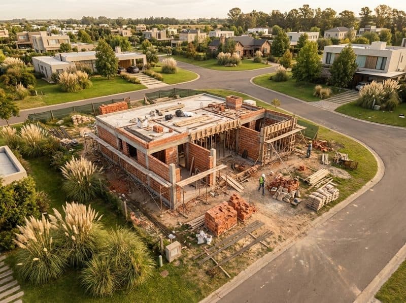 Vista aérea con dron de una casa en construcción en un barrio cerrado