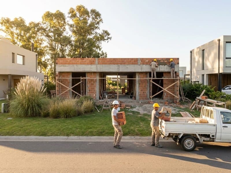 Obreros con casco trabajando en una casa en construcción en un barrio cerrado